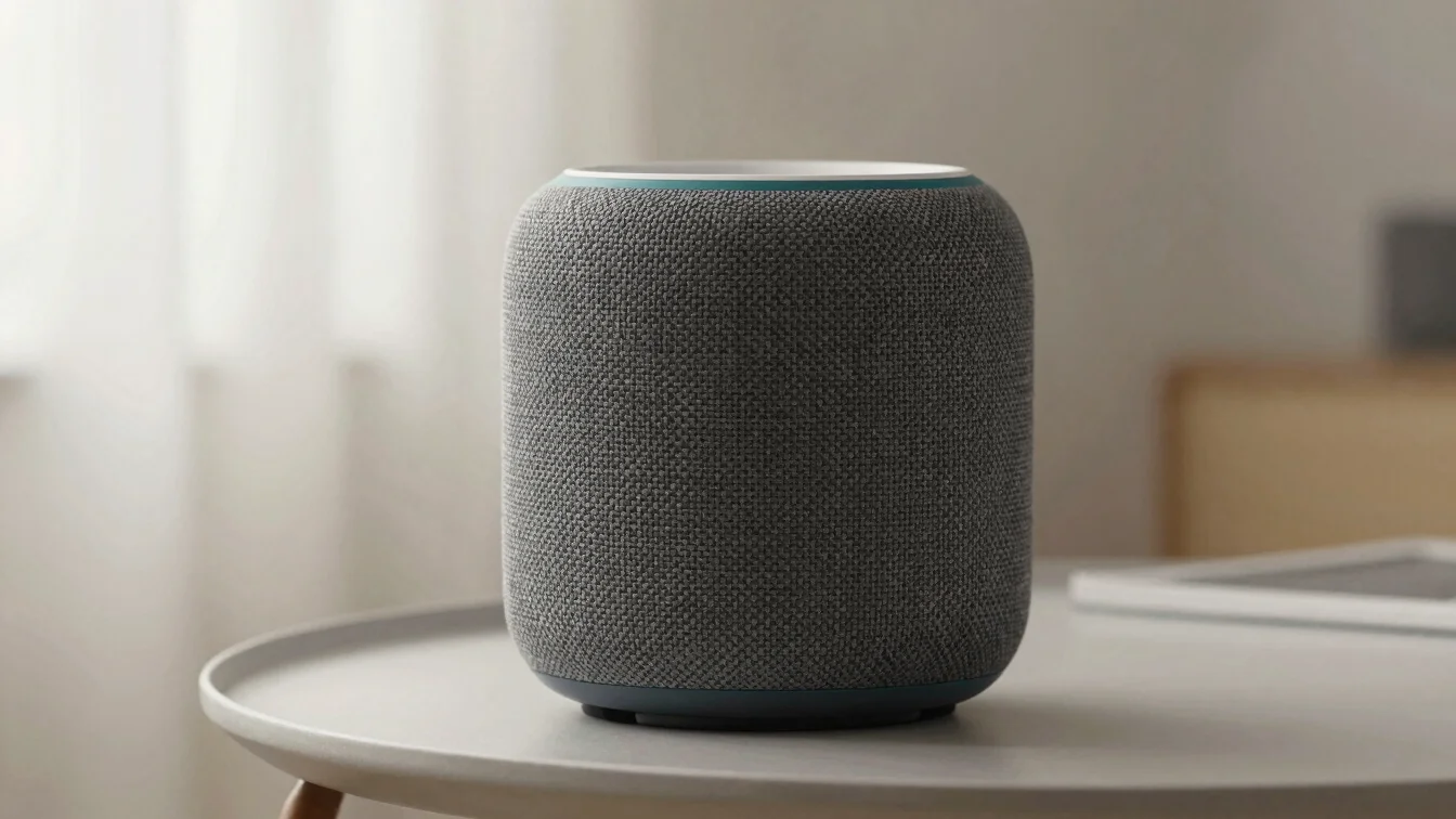Close-up of a smart speaker with woven fabric exterior on a minim