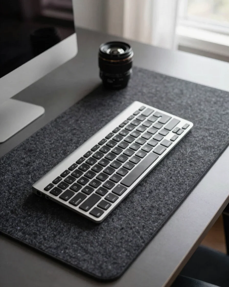 Top-down view of a modern matte charcoal desk setup with an aluminum keyboard, dark felt desk pad, and soft window light