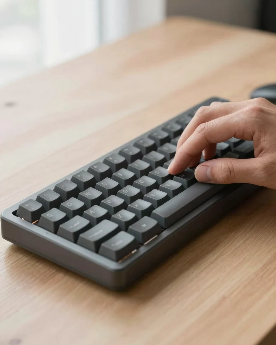 Close-up shot of hands testing tactile mechanical switches on a dark grey custom aluminum keyboard frame under warm stud