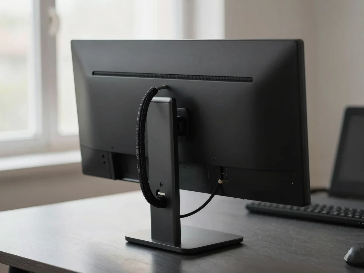Close-up of a matte black monitor arm, woven cable management, so
