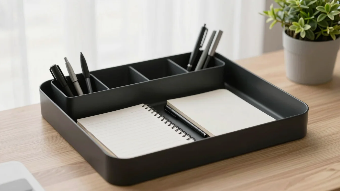 Top-down view of a modular desk organizer with matte black compar