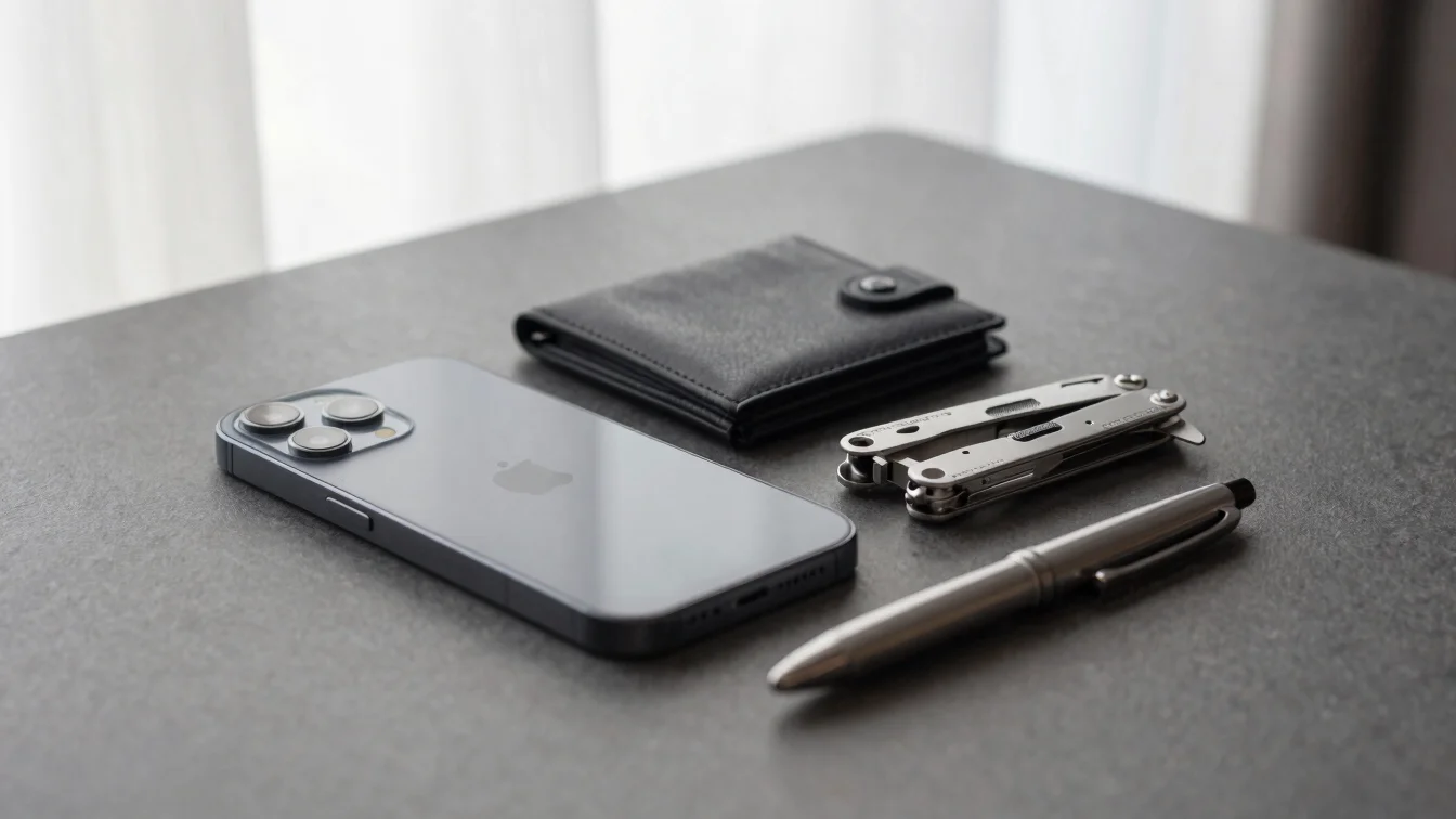 Knolling flat-lay of everyday carry items: a sleek smartphone, a